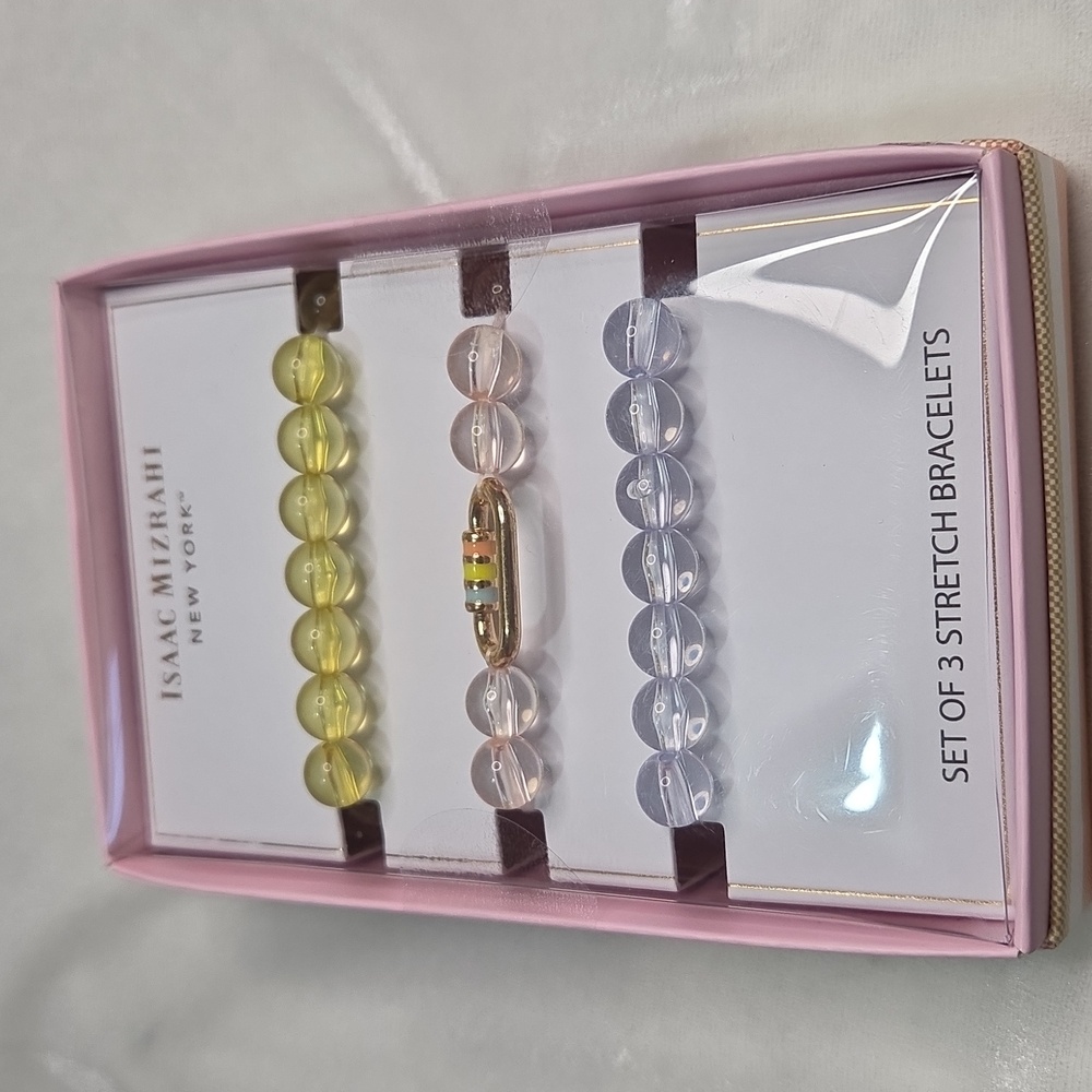 Women's Isaac Mizrahi Yellow Cream Stretch Bracelets Set of 3 New In Box Beaded - Picture 5 of 6